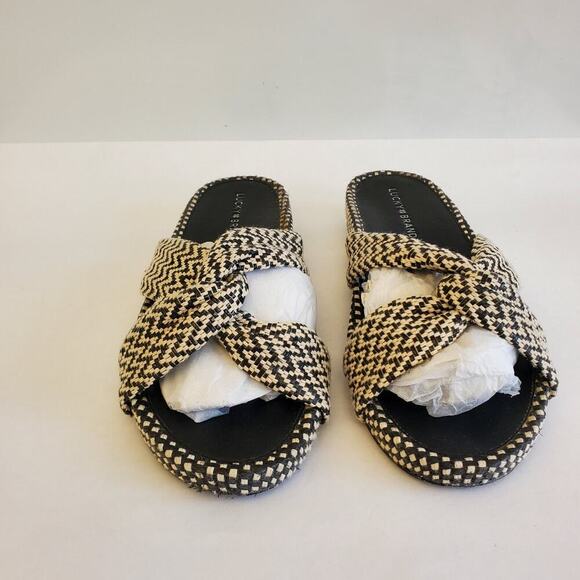 Lucky Brand Sandals Size 10 Fynna Woven Slide Leather Black White Boho - Picture 2 of 13